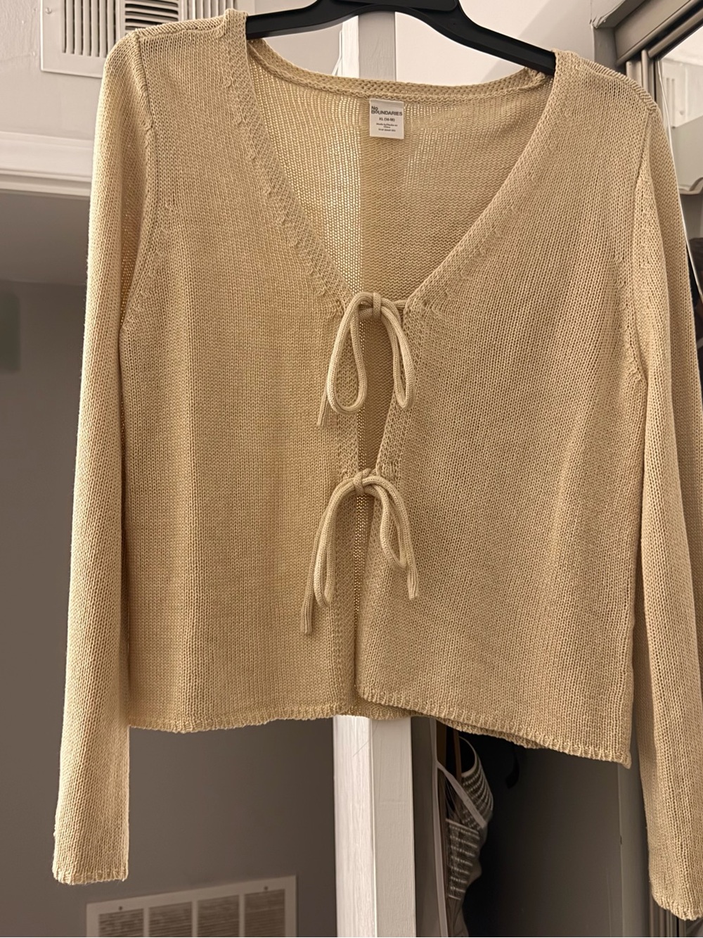No Boundaries Beige Tie-Front V-Neck Sweater
